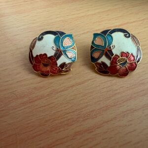 Vintage Avon Cloisonné Earrings. Nouveau Orchid Flower Butterfly from 1980’s